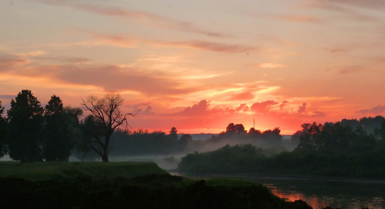 Una puesta de sol vibrante sobre un valle fluvial con siluetas de árboles y niebla baja cerca del agua.
