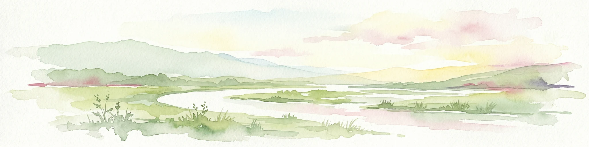 Ilustración en acuarela de un río sinuoso a través de un valle con colinas onduladas y vegetación escasa bajo un cielo suave
