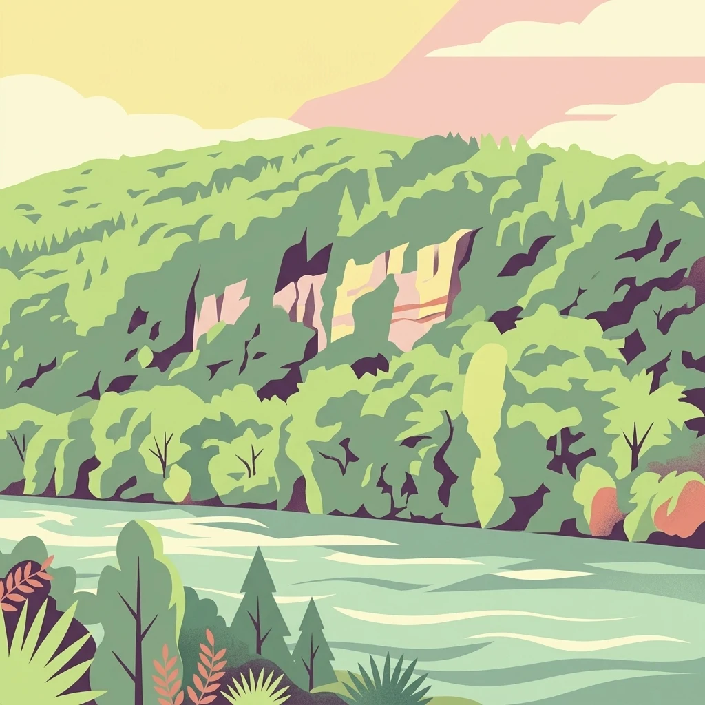 A stylized digital illustration of a wide river flowing past a green, forested hill with exposed light-colored rock cliffs.