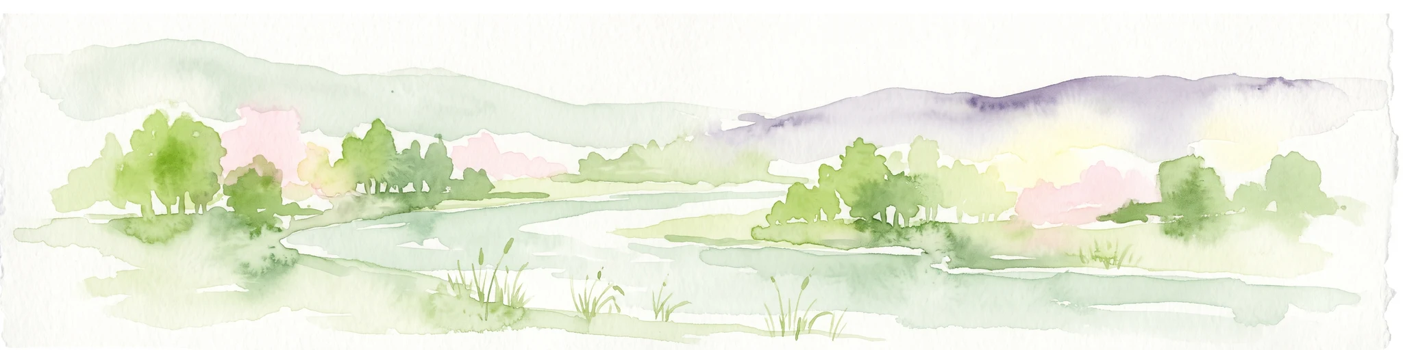 Una pintura a la acuarela que muestra un río serpenteante que fluye a través de un valle verde con colinas onduladas al fondo, ejecutada en un estilo suave e impresionista con verdes claros, morados y rosas.