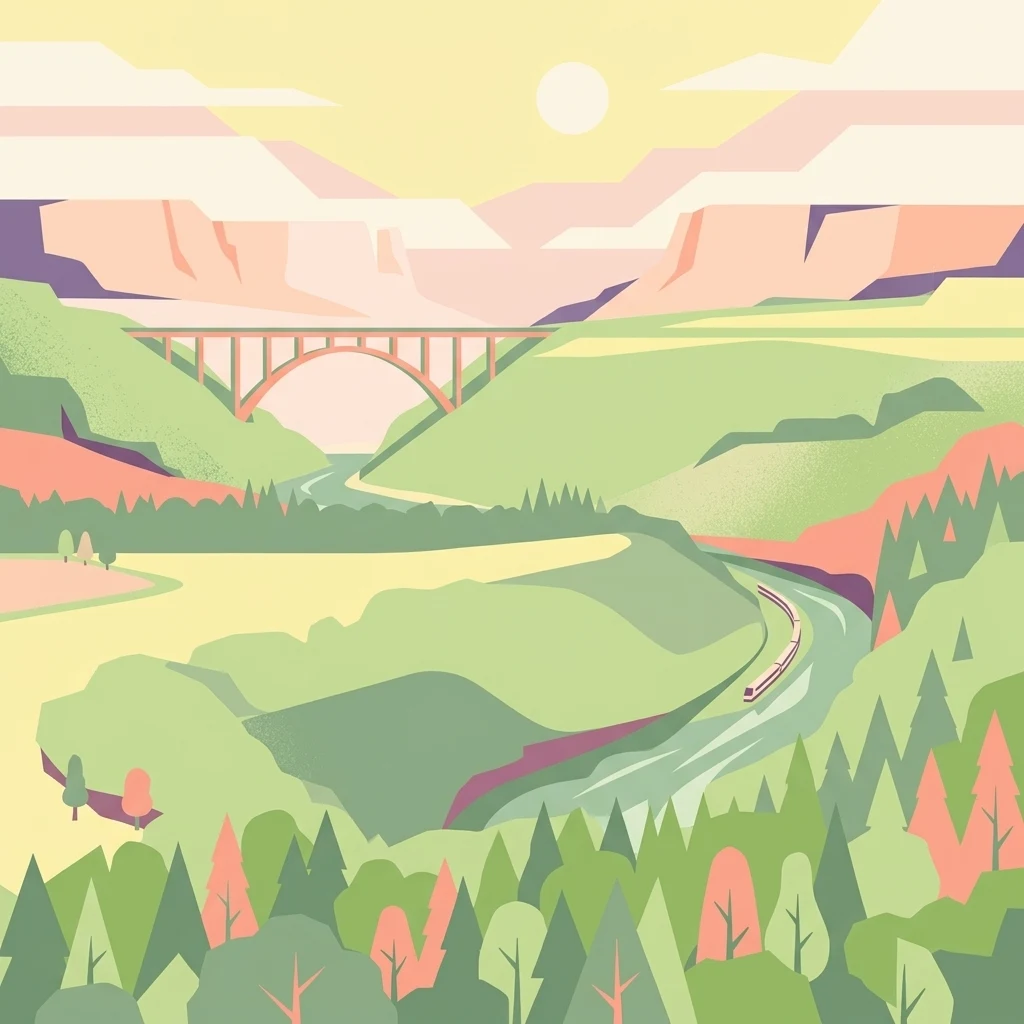 Una ilustración vectorial en tonos pastel que muestra un valle fluvial verde con un río sinuoso, un tren pequeño, un gran puente arqueado que cruza el fondo y bosques en primer plano bajo el sol.
