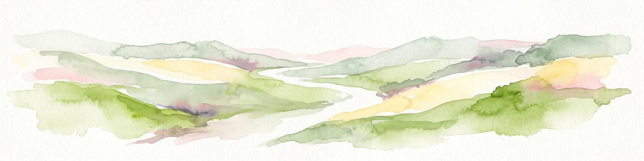 Abstract watercolor illustration of rolling green hills with soft yellow and pink washes and a winding path through a valley