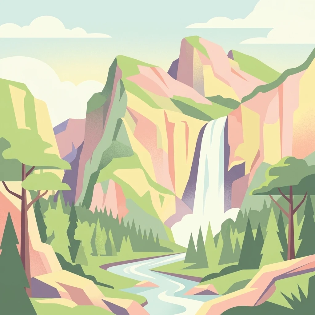 A graphic illustration depicting a valley with steep, colorful rock formations, a prominent waterfall cascading into a forest, and a river flowing through the foreground.