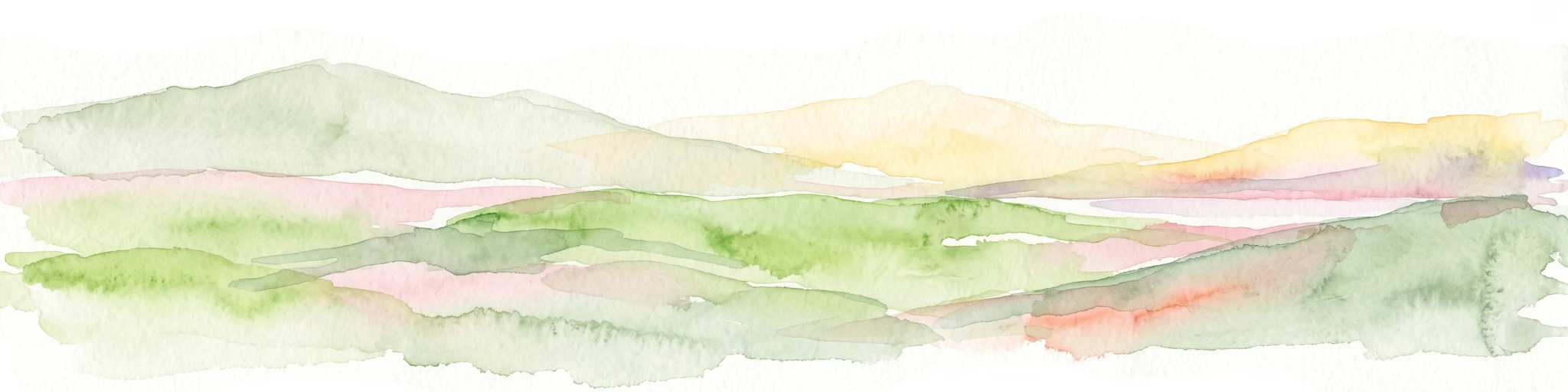 Una pintura horizontal en acuarela de colinas suaves y onduladas en capas de tonos verdes y amarillos, de estilo minimalista.