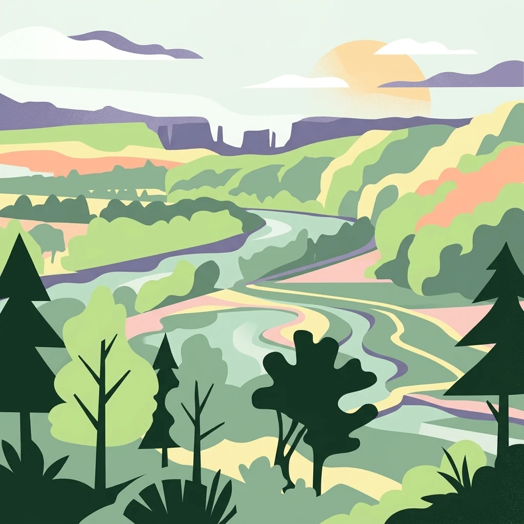 Una ilustración vectorial estilizada que muestra un río sinuoso que fluye a través de un valle verde con colinas, árboles en primer plano y un sol poniente en el fondo.