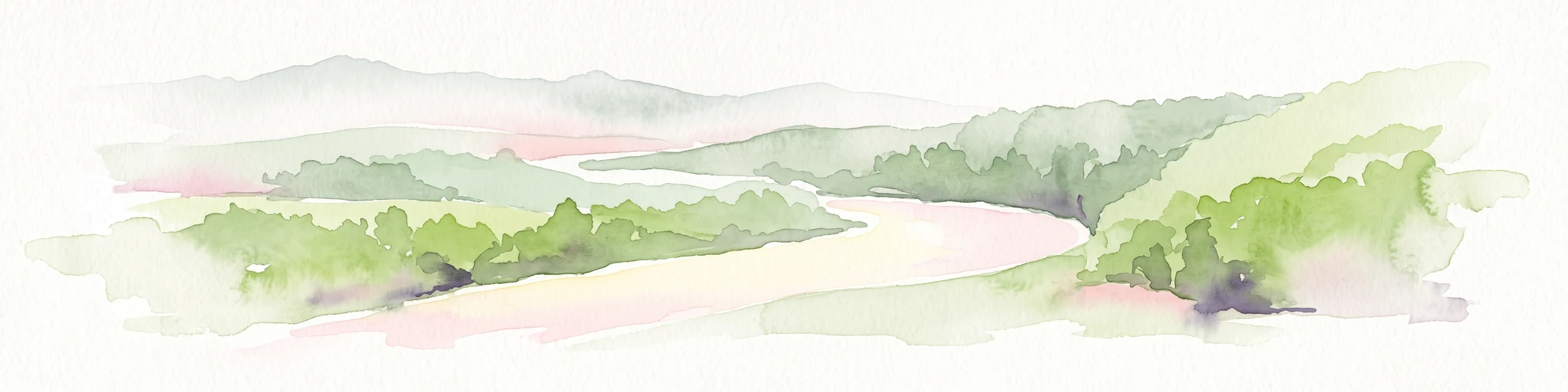 A soft watercolor painting showing a pale river curving through green hills and vegetation.