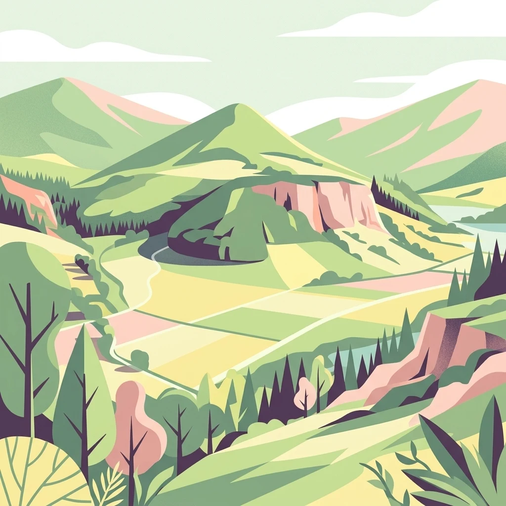 A stylized vector illustration of a valley landscape featuring soft green hills; tiered agricultural fields; forested slopes; and exposed cliff faces under a clear sky.