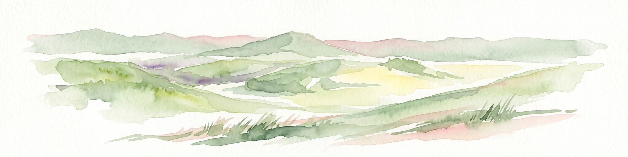 A soft watercolor painting depicting rolling green hills and meadows against a white background.