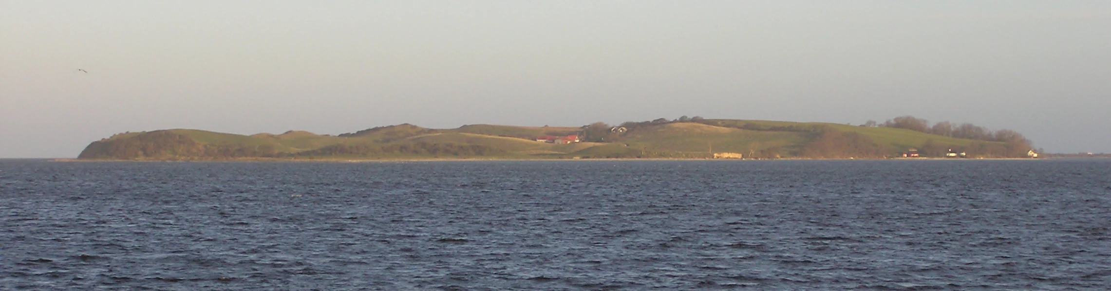 A distant view of the island of Nekselø across open sea water under a pale, overcast sky.