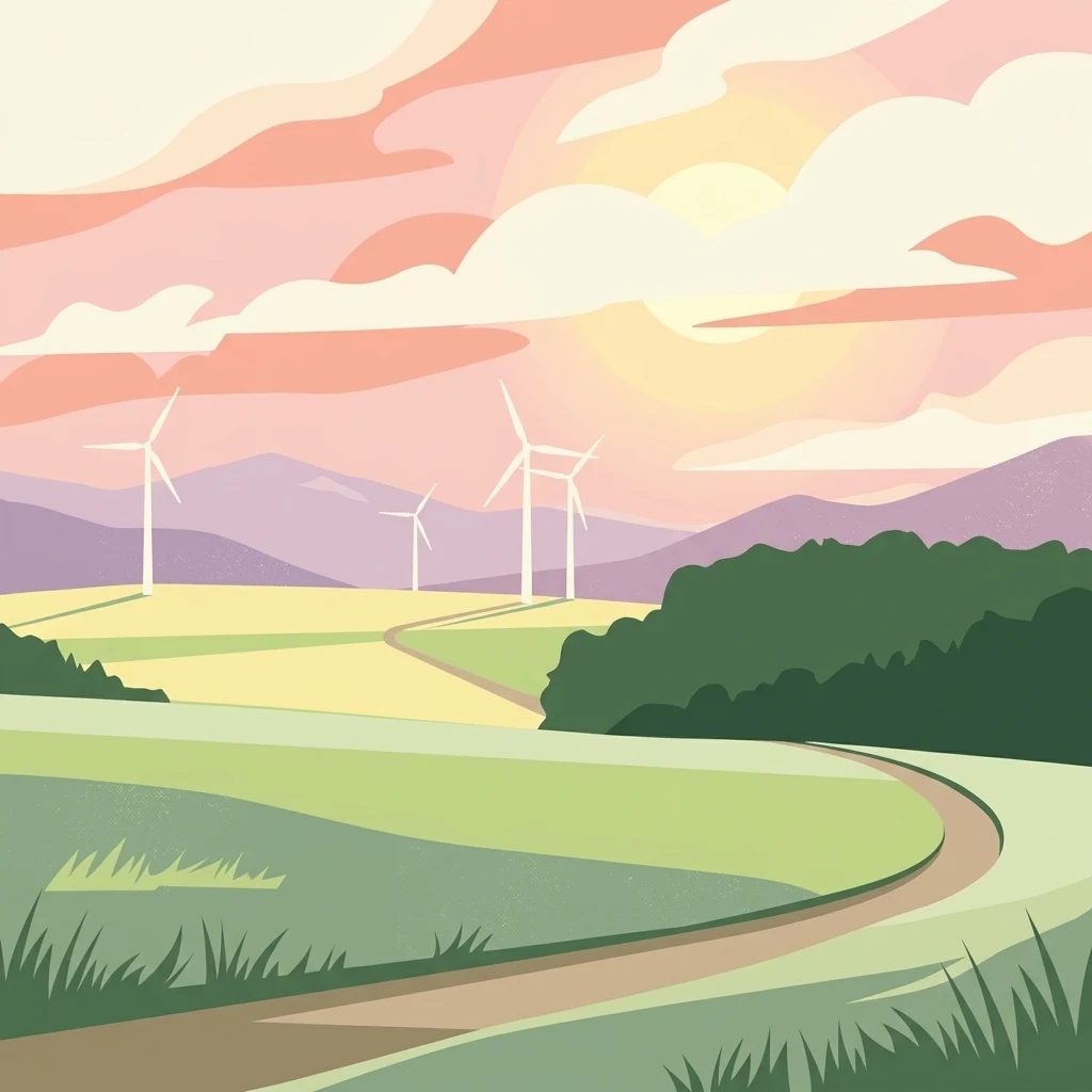Digital illustration of a serene landscape at sunset, featuring rolling green hills, a curving dirt path, a dense forest on the right, and three wind turbines in the distance against a pink and orange sky.