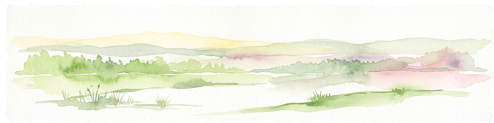 A horizontal watercolor painting depicting a soft-focus landscape with green fields, patches of trees, and rolling hills in the background under a pale sky.