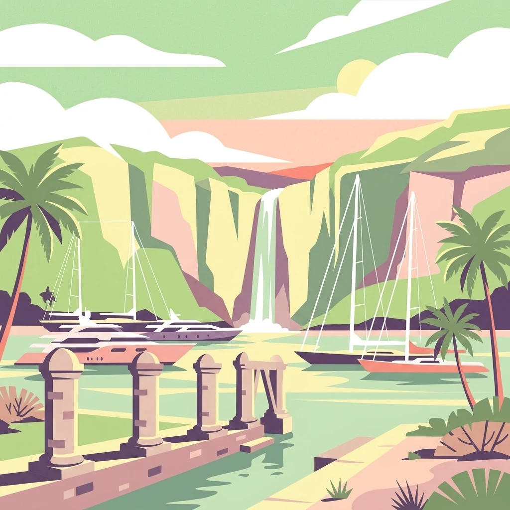 Digital vector-style illustration of a harbor with sailboats, yachts, and a stone pier in the foreground, with a dramatic waterfall cascading down green cliffs in the background.