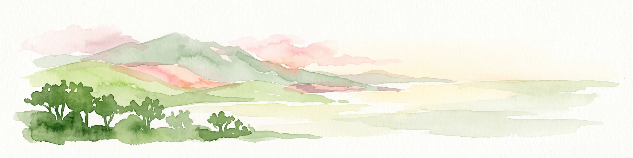 Watercolor painting of a coastal landscape with green hills, trees in the foreground, and a calm sea, featuring a light and airy artistic style.