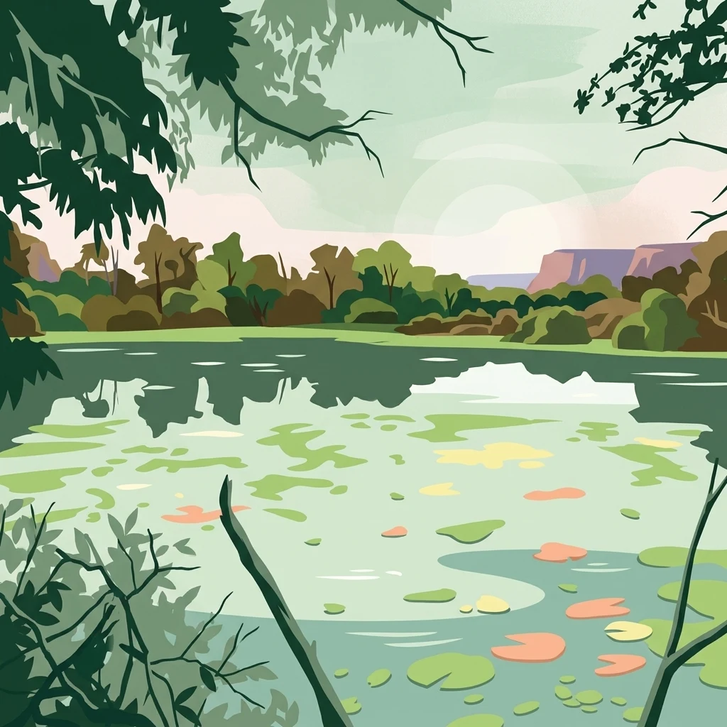 Ilustración digital estilizada de una masa de agua tranquila con nenúfares, enmarcada por ramas de árboles en primer plano, con colinas bajas distantes bajo un cielo suave.