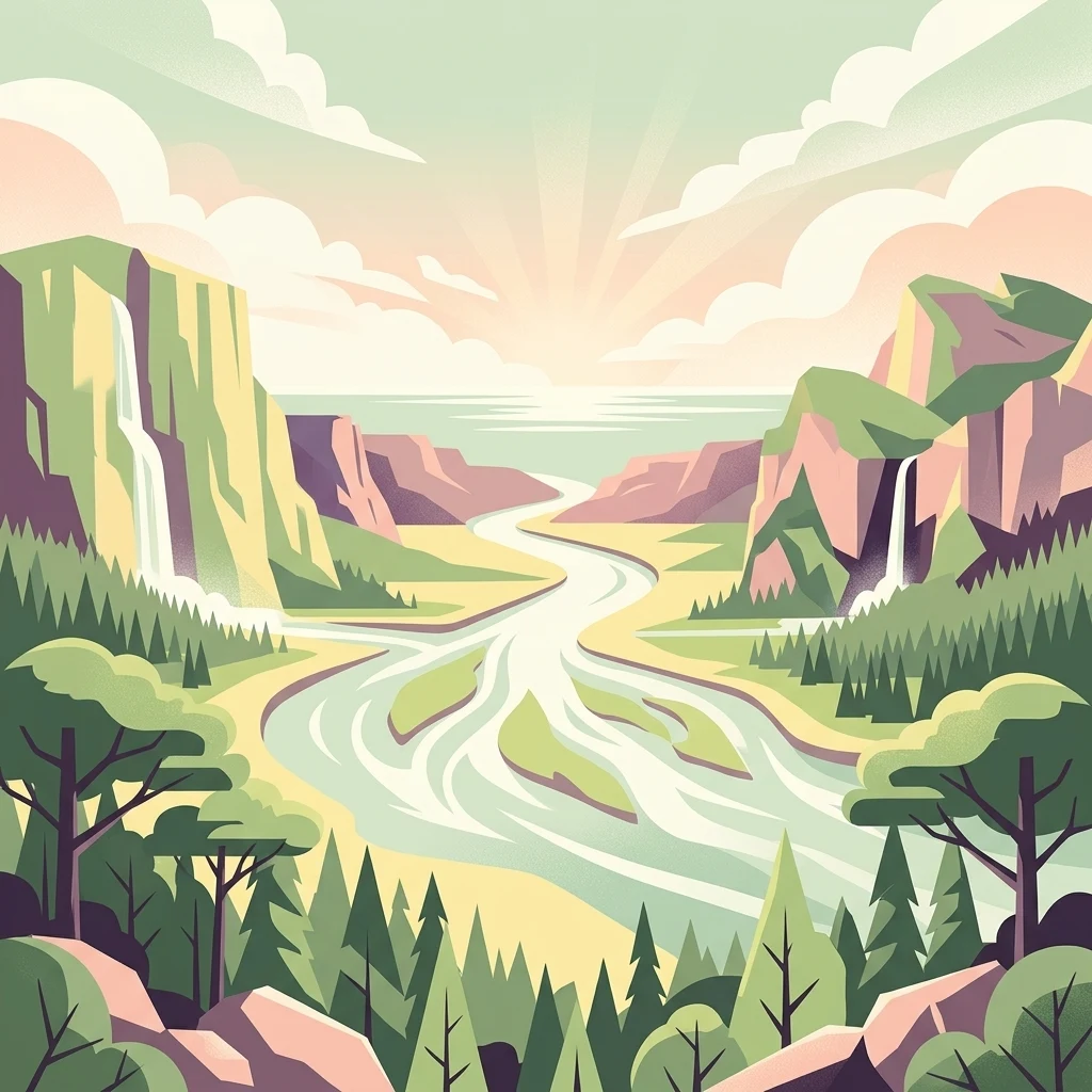 Una ilustración de estilo vectorial de un río serpenteante que fluye a través de un valle entre acantilados con cascadas, enmarcado por árboles de hoja perenne en primer plano, bajo un cielo al amanecer.