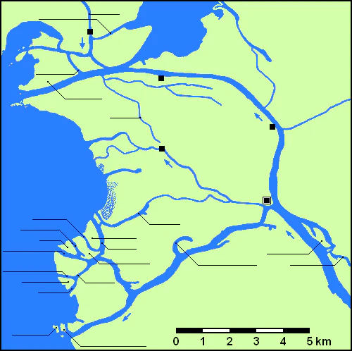 A simple flat-colored map illustrating the river delta of the Nemunas River, depicting blue water channels against a pale green landmass with a scale bar at the bottom.
