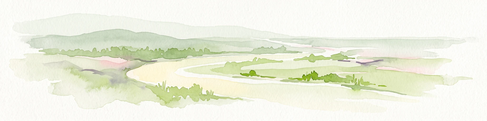 A watercolor painting showing a wide, calm river winding through a flat, green delta landscape under a hazy sky.