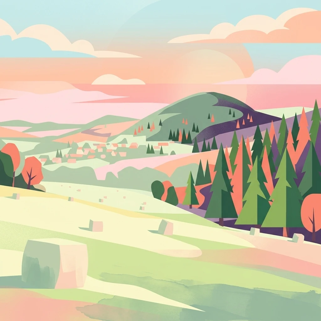 A stylized vector illustration of a hilly volcanic landscape at sunrise with a foreground field, coniferous forest, and distant rounded peak.