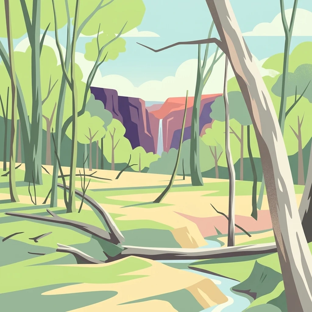 An illustration of a dry eucalypt woodland with a small stream winding through fallen branches towards a distant waterfall and rocky canyon.
