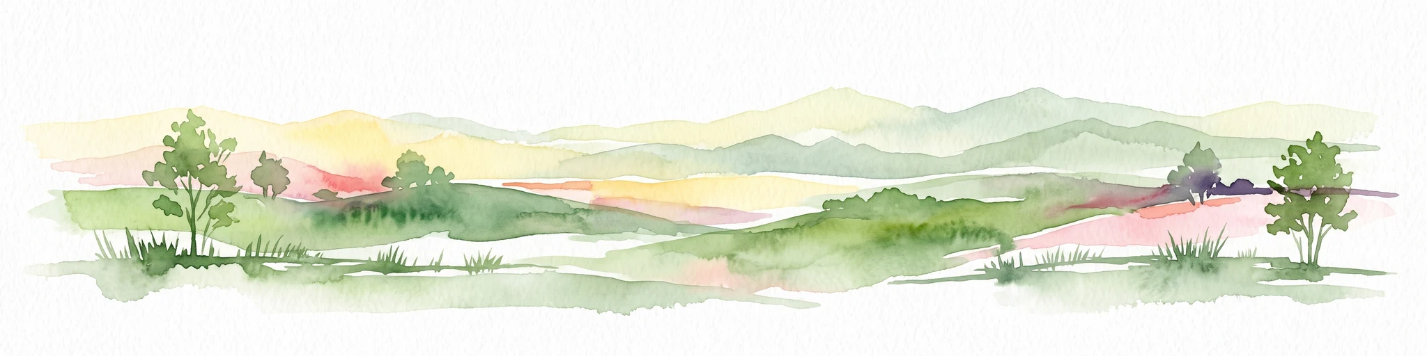 Pintura de acuarela que representa una vista panorámica de colinas onduladas con árboles dispersos y lavados suaves de tonos cálidos en verde y rosa sobre un fondo blanco.