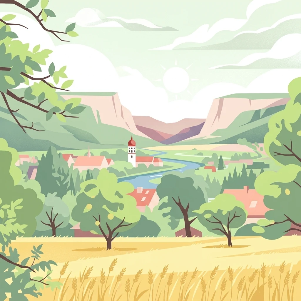 Una ilustración vectorial estilizada de un paisaje de valle alemán con un río serpenteante, un pueblo con una torre de iglesia y colinas onduladas al fondo bajo un sol suave.