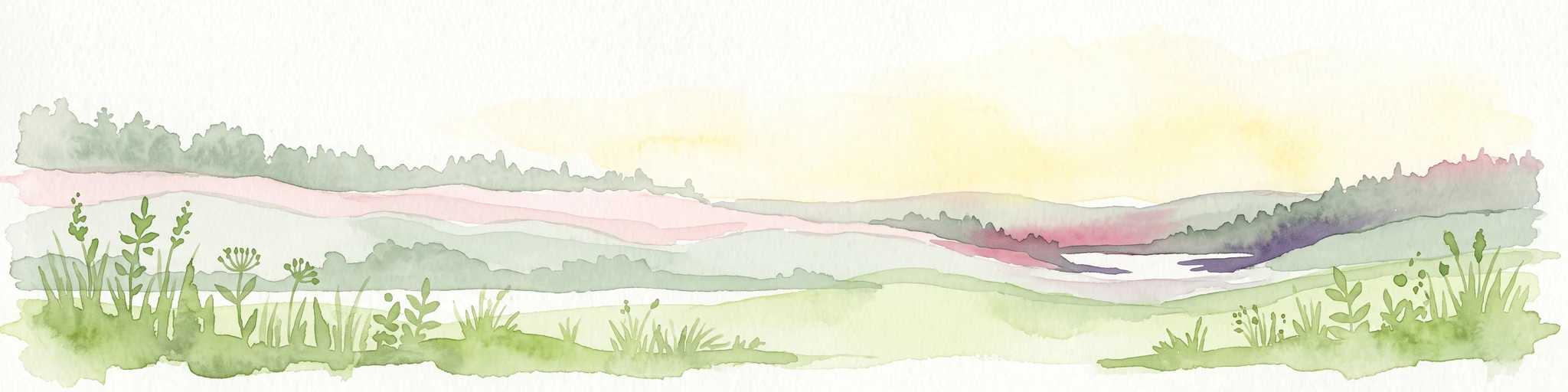 A watercolor painting showing a wide, panoramic view of a soft, rolling landscape with gentle hills, grassy fields, and small forested areas against a pale, warm sky.