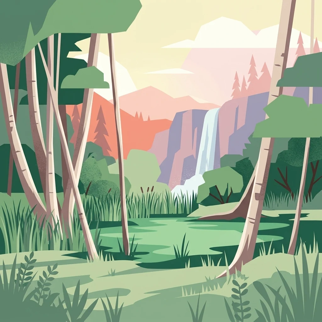 A flat vector art style illustration of a pond in a forest with a waterfall cascading down a cliff face in the background.