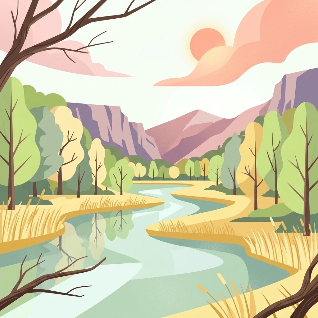 A flat vector-style illustration showing a winding river flowing through a forested valley with gentle mountains in the background under a setting sun.