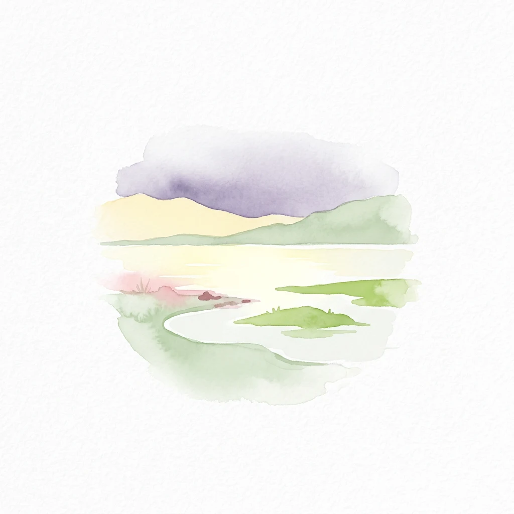 Watercolor illustration of a lake with green islands, mountains in the background, and a purple and yellow sky