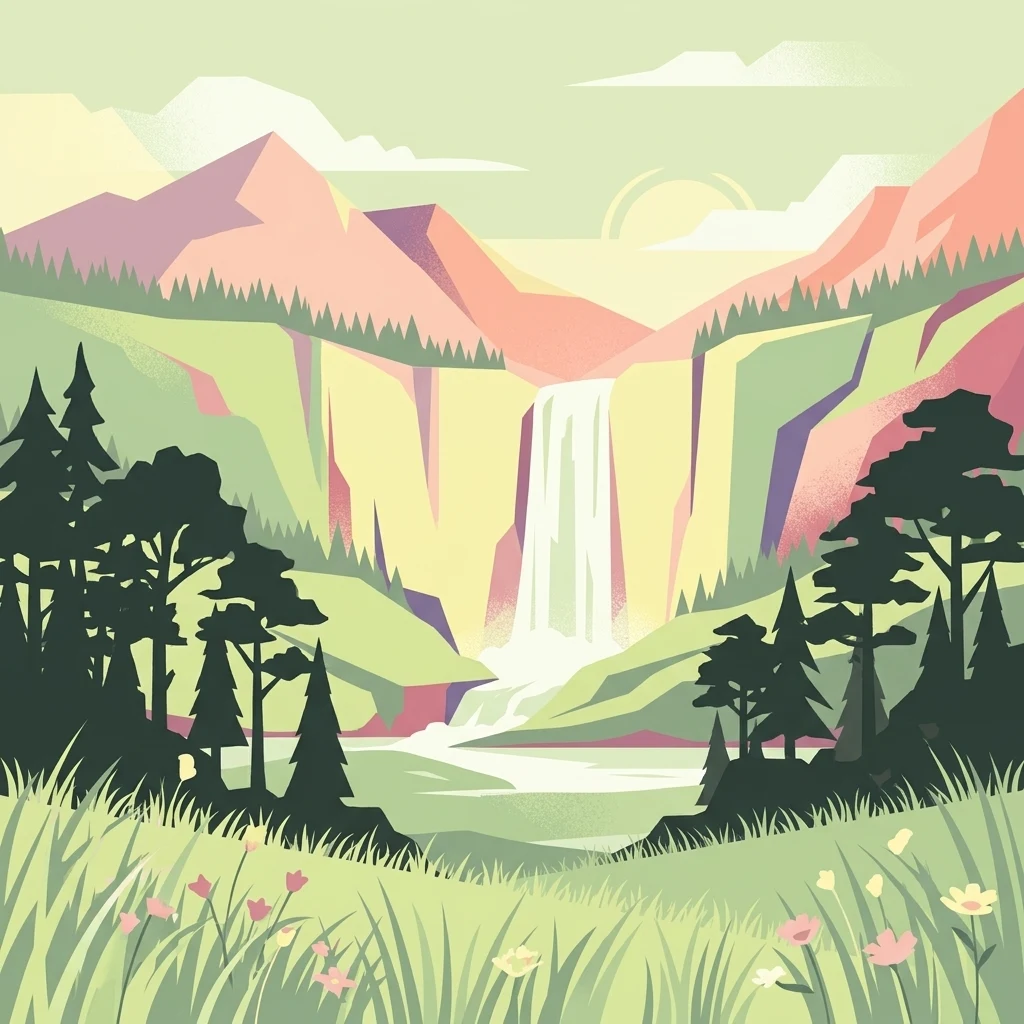 A flat-style digital illustration showing a waterfall flowing down between mountains into a river, surrounded by trees, grassy meadows, and wildflowers.