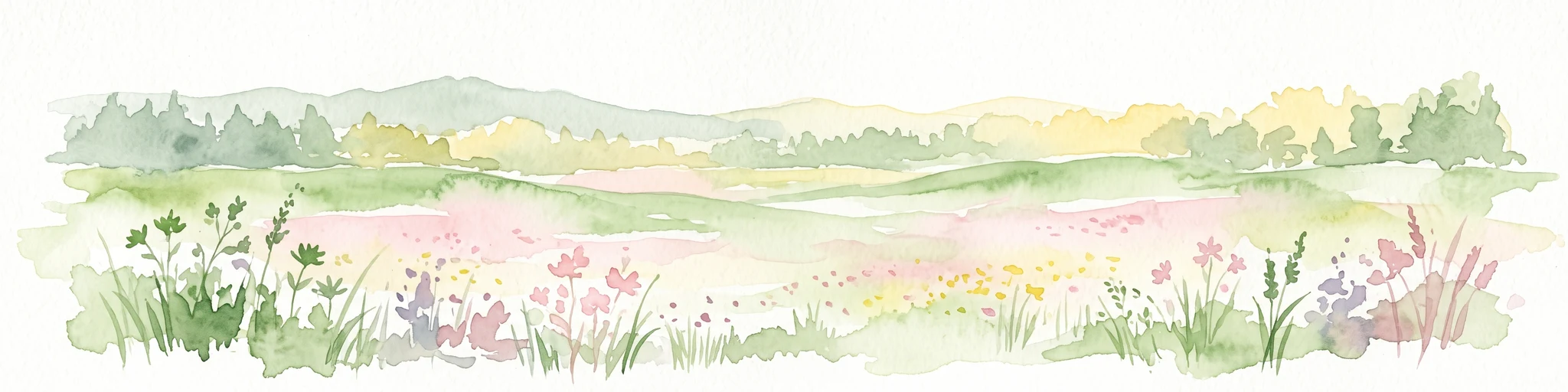 A horizontal watercolor illustration depicting a soft, pastel-colored meadow with wildflowers in the foreground and a gentle forest line in the background against a white background.