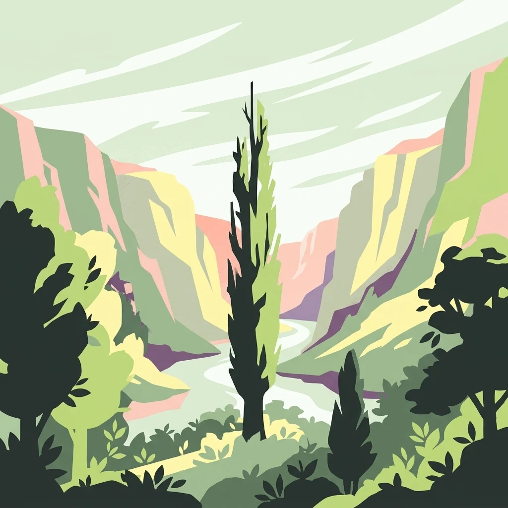 A graphic art illustration of a narrow valley with a river at the bottom, featuring a single prominent, tall, slender tree in the foreground and forested hillsides.