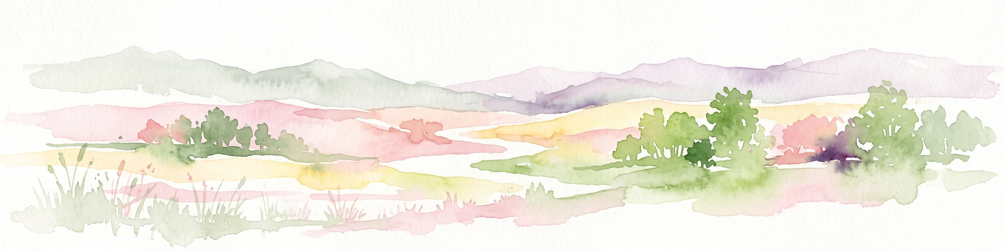 A soft watercolor illustration depicting a marshy wetland with rolling hills, trees, and tall grasses in a muted, pastel color palette.