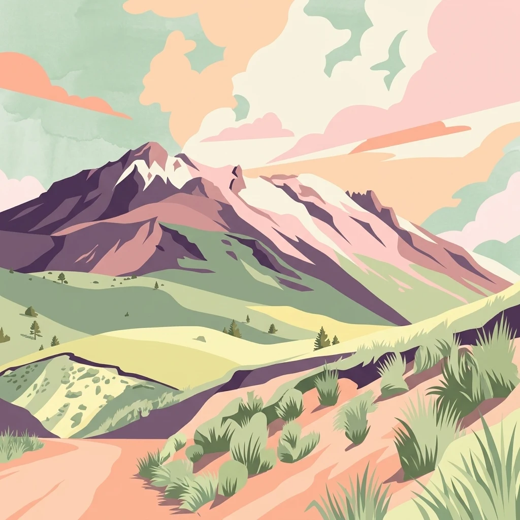 A digital illustration of a mountainous volcanic landscape featuring rolling green hills, a prominent peak with snow patches, and desert-like vegetation in the foreground under a sunset-colored sky.