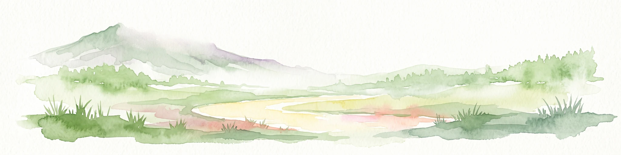 A watercolor illustration showing a misty mountain peak in the background and a grassy meadow with a winding path in the foreground.