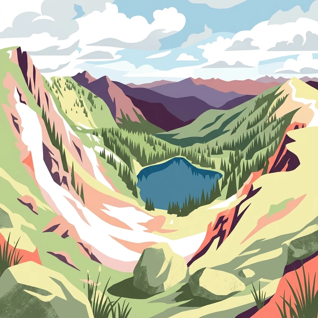 Una ilustración estilizada que muestra un vibrante lago alpino de azul profundo rodeado de montañas rocosas y escarpadas, manchas de nieve y bosques de coníferas bajo un cielo brillante con nubes esponjosas.