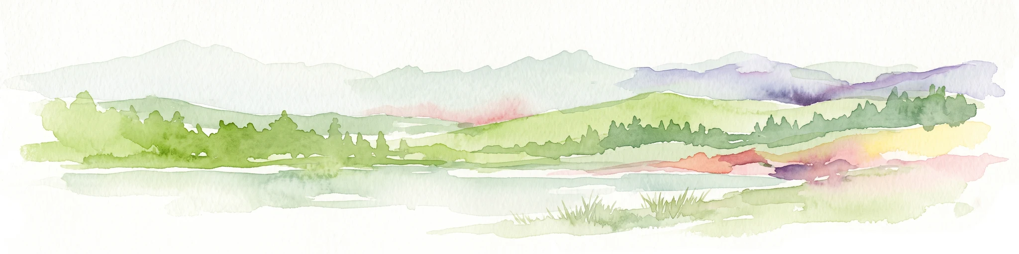 Una pintura horizontal en acuarela que muestra una suave cadena montañosa en la distancia, un bosque en el plano medio y un área en primer plano que sugiere terreno pantanoso o una pradera.