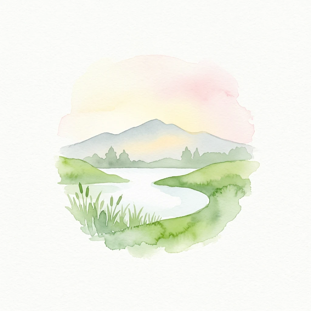 Watercolor illustration of a winding lake surrounded by green hills and distant mountains under a pastel sky