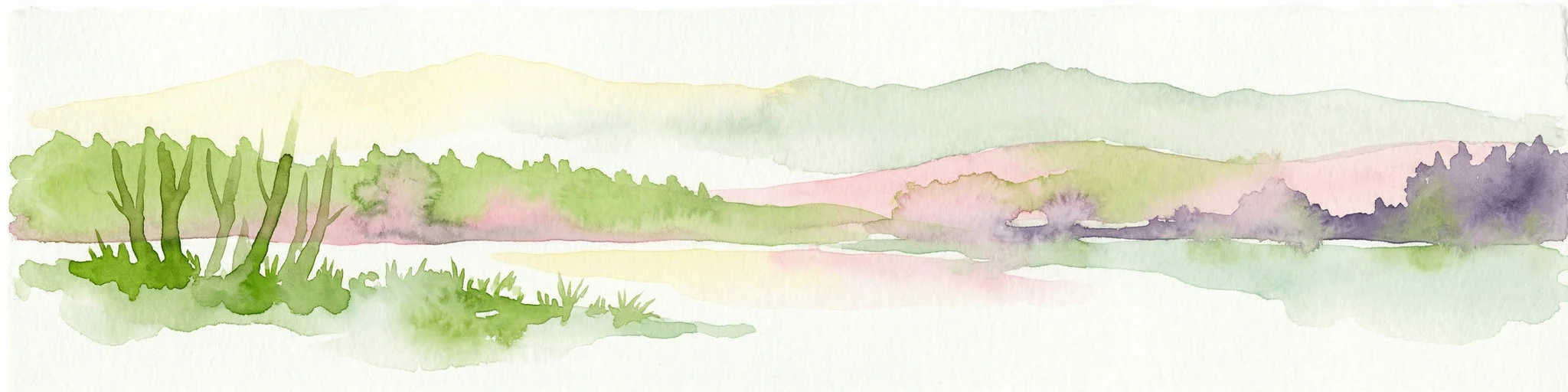 Pintura de acuarela que muestra un paisaje con vegetación verde y morada, un cuerpo de agua y colinas distantes.