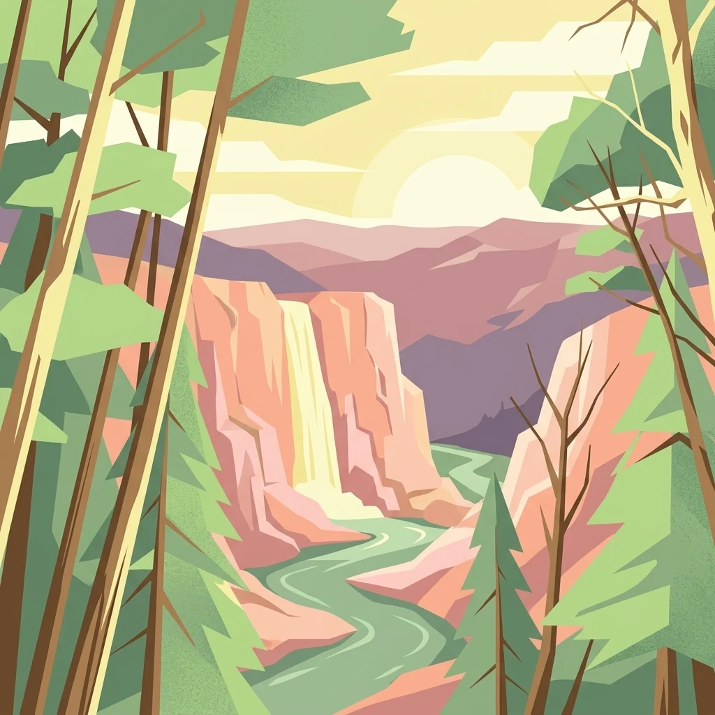 A graphic illustration showing a river winding through a canyon toward a waterfall at sunset, framed by stylized evergreen trees.