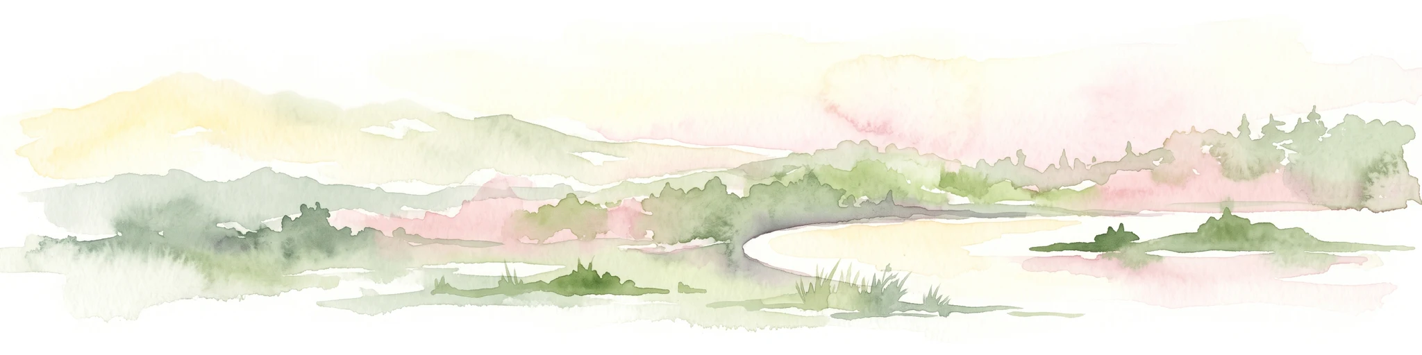 Watercolor illustration of a soft, pastel-colored landscape featuring rolling hills, gentle slopes, and sparse woodland against a light background.