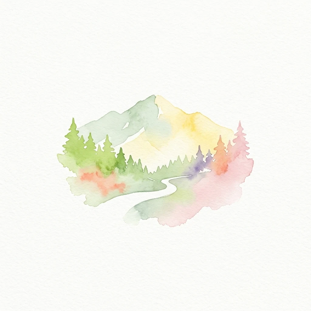 Watercolor illustration showing mountains, trees, and a winding path