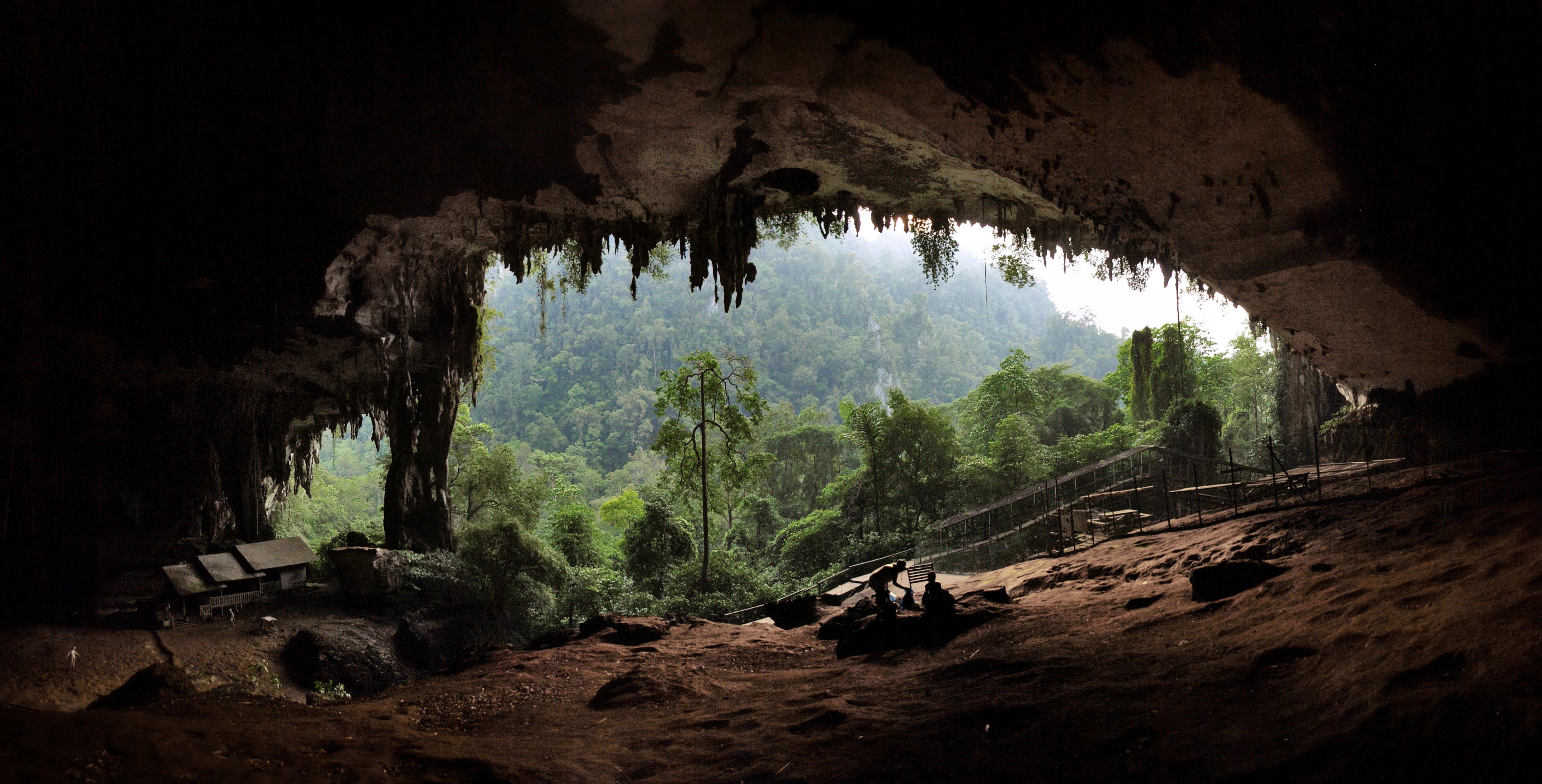 Rocky cave entrance with forest landscape visible beyond at sunset.