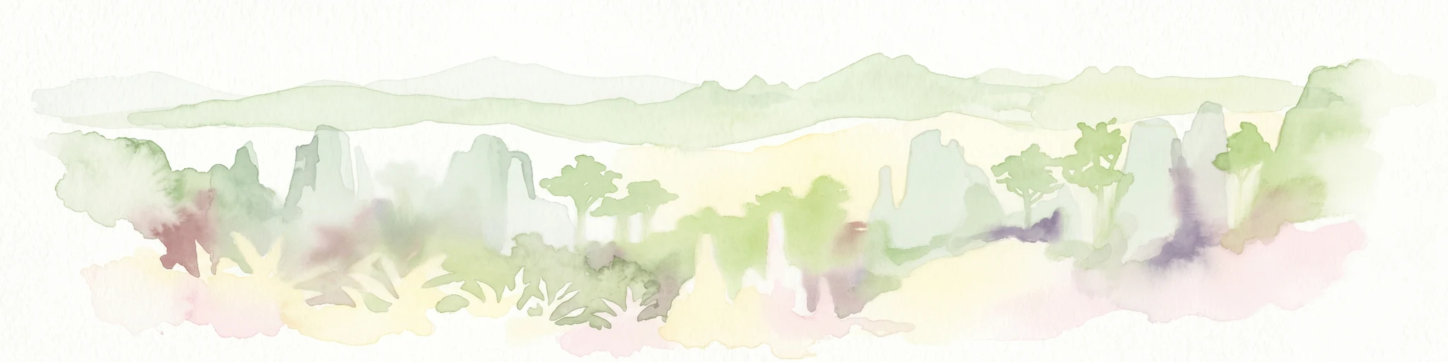 Ilustración de acuarela de un paisaje con colinas verdes, árboles y un valle