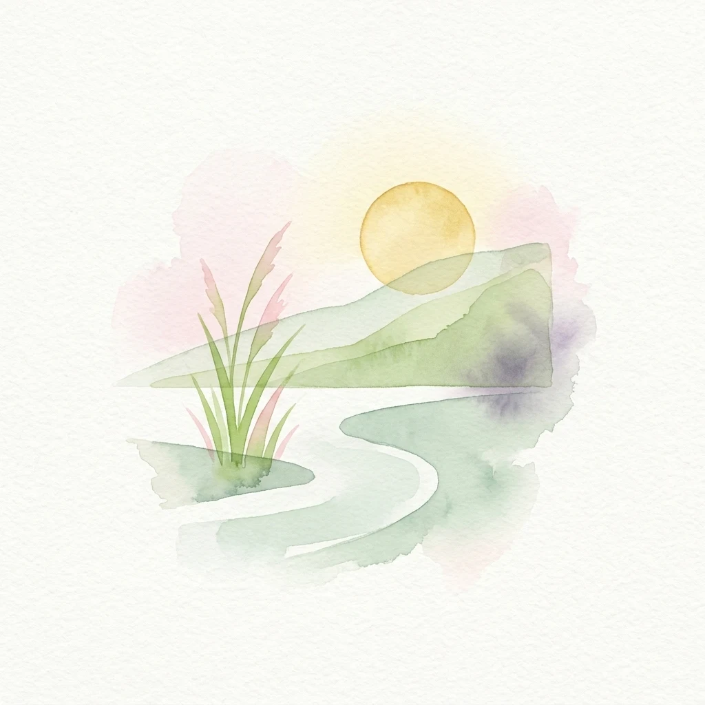 Watercolor illustration of a river flowing through grassy terrain with hills in the background and a sun.