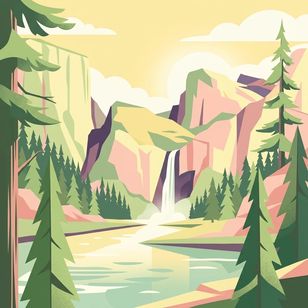 Ilustración estilizada de una cascada cayendo en un río con pinos y acantilados montañosos al fondo