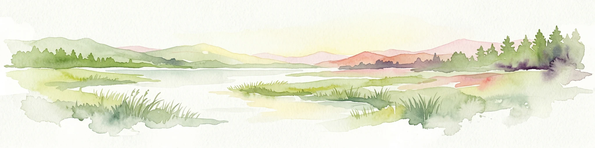 Ilustración en acuarela que muestra un lago rodeado de zonas herbosas con árboles y montañas al fondo