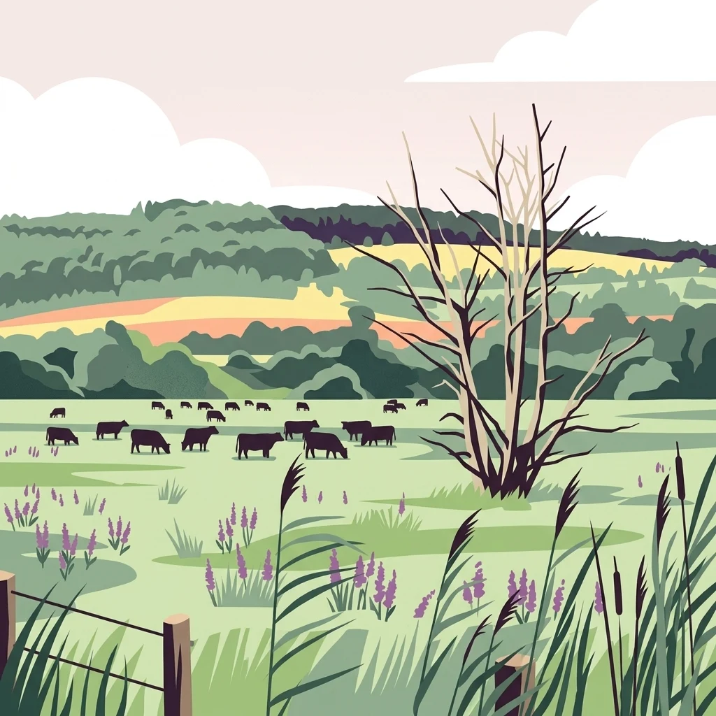 Una ilustración de diseño plano y estilizado de un paisaje rural con ganado pastando en un prado verde, un gran árbol sin hojas en primer plano y colinas onduladas al fondo.