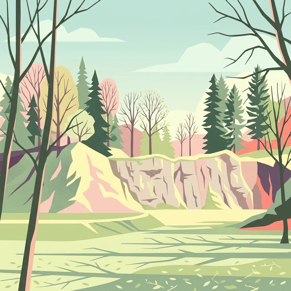 A stylized digital illustration of a nature reserve featuring a rocky limestone quarry wall framed by trees and foliage.