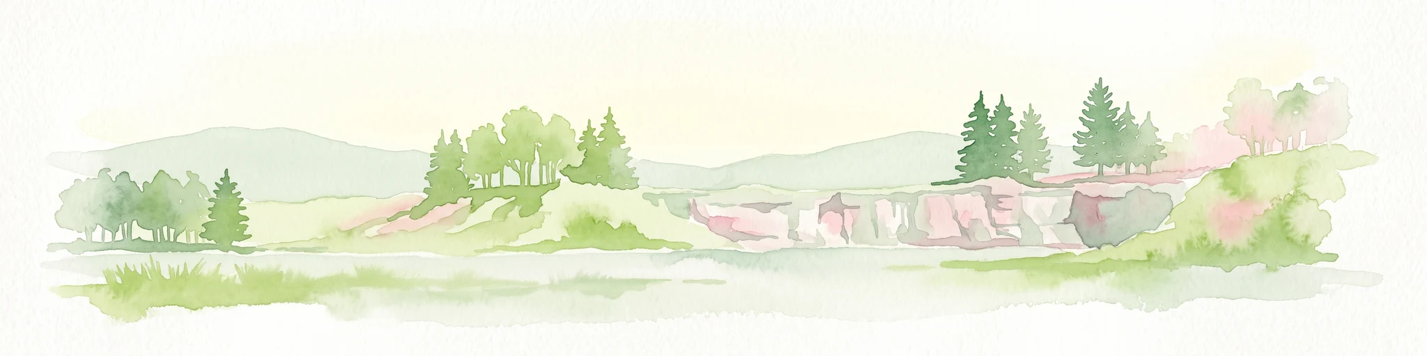 A horizontal watercolor painting depicting a landscape with grassy mounds, light-colored quarry rock faces, and clusters of evergreen trees against a soft, light background.